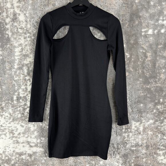 H&M Size S Cutout Crewneck Mini Sheath Dress Black Long Sleeve Pullover - Picture 1 of 8
